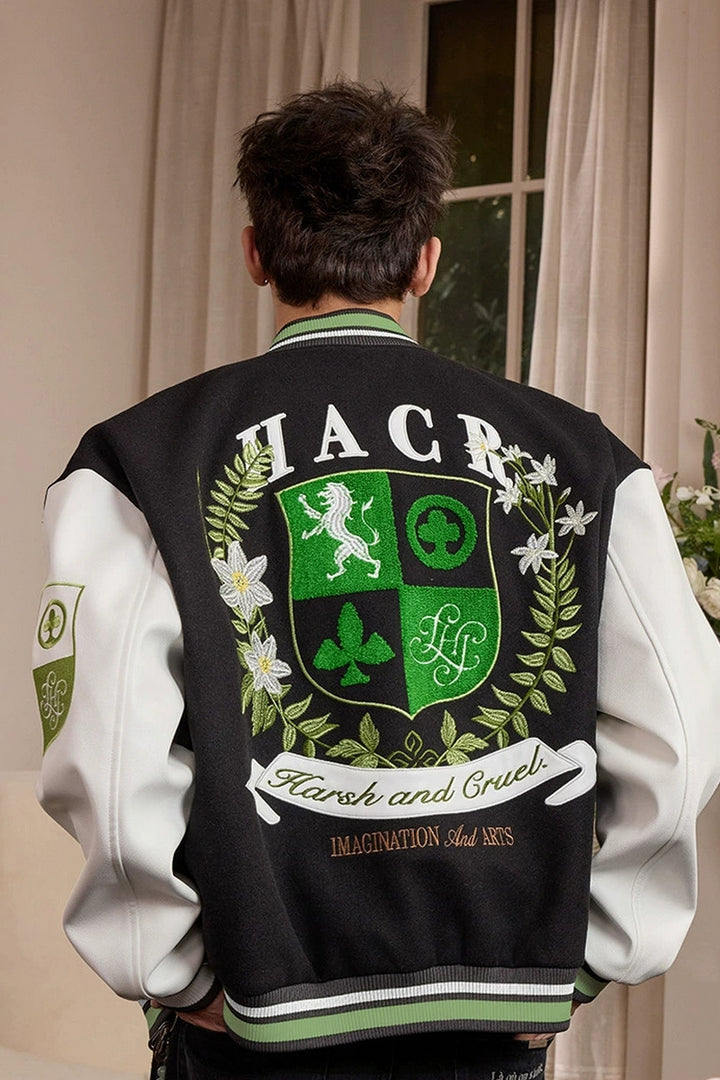 Crest Embroidery Loose Varsity Jacket