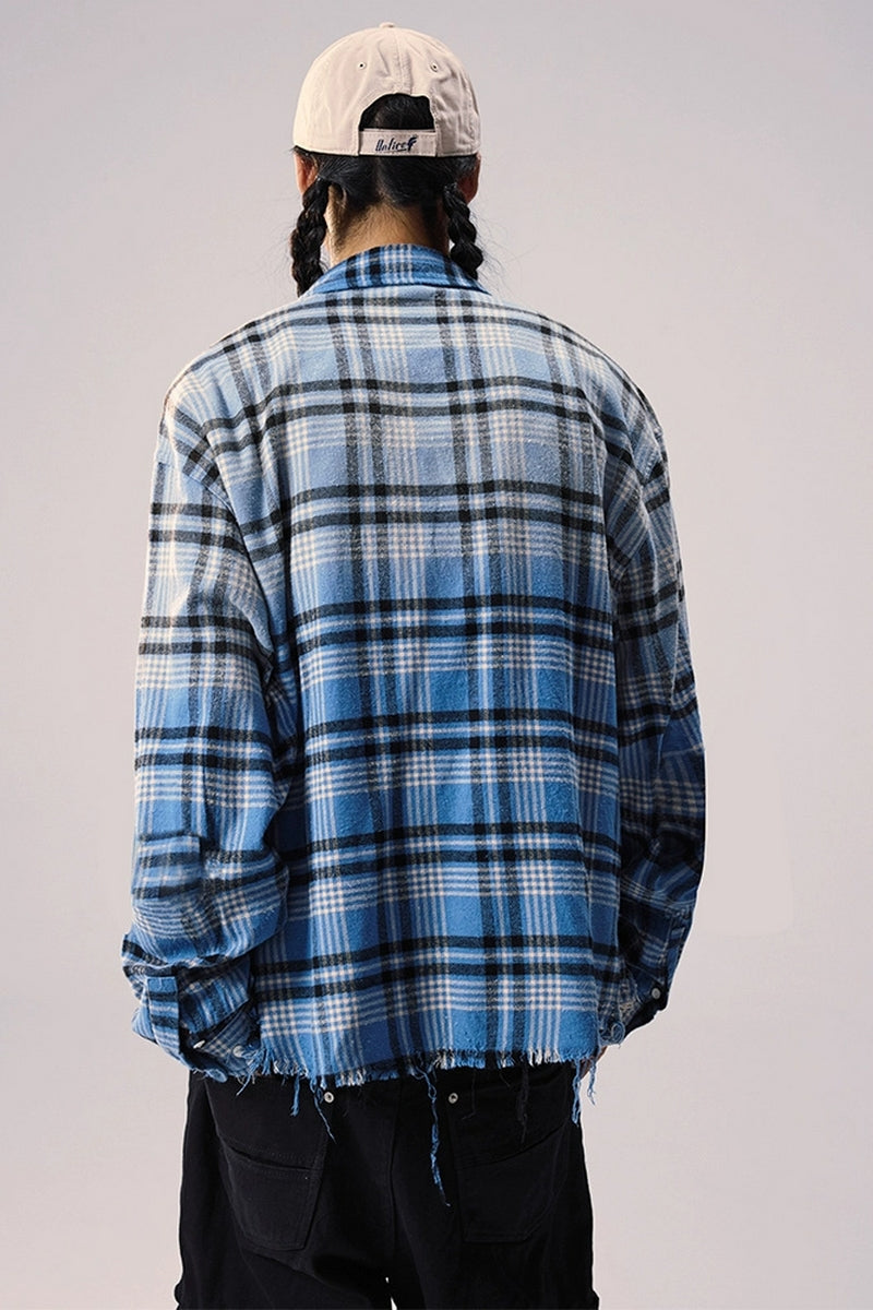 Washed Gradient Fringe Plaid Shirt