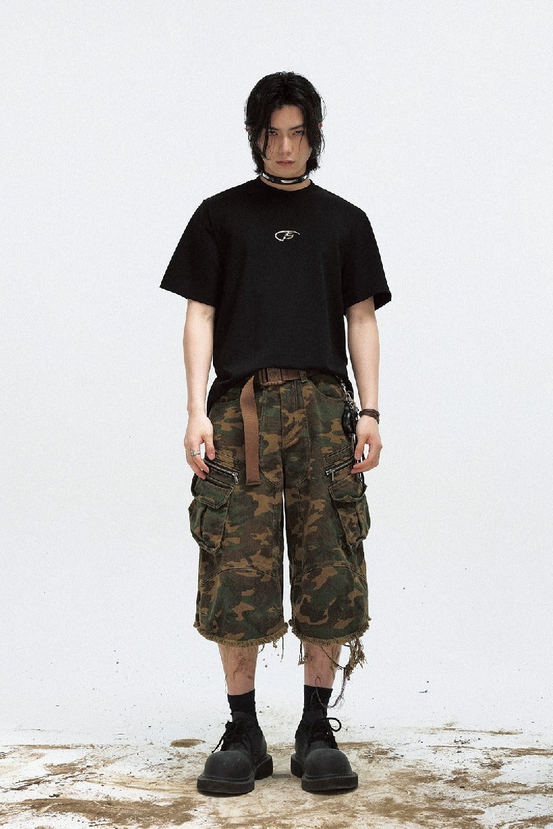 Camo Frayed Loose Utility Shorts