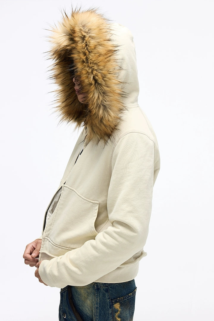 Detachable Fur Collar Washed Hoodie Jacket