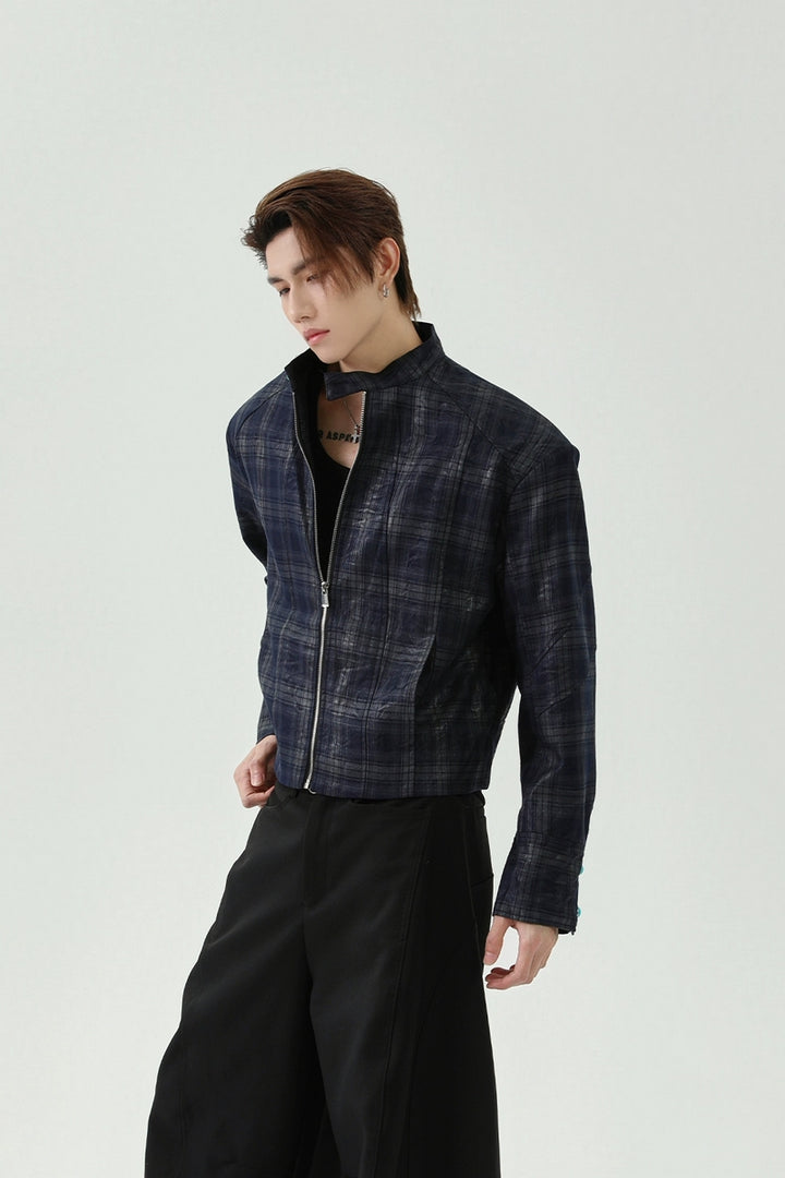 Plaid Stand Collar Padded Shoulder Jacket