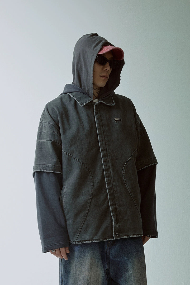 Layered Washed Hooded Shirt Jacket