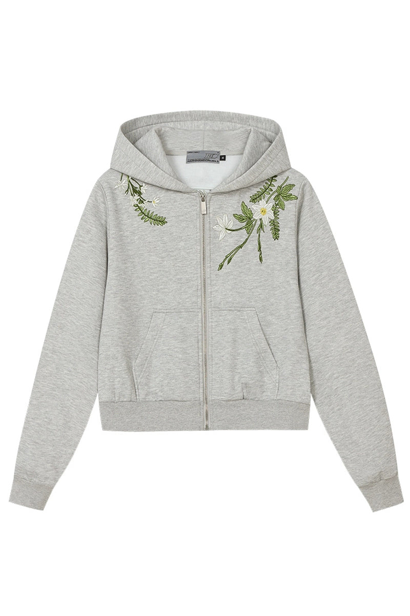 Floral Embroidery Crop Zip Hoodie