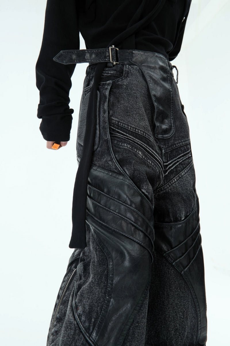 Washed Black PU Patchwork Jeans