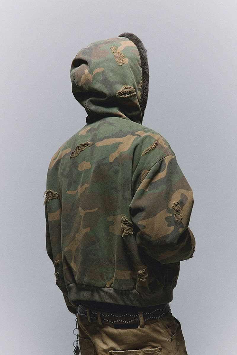 Heavyweight Distressed Camo Fur-Lined Tactical Jacket