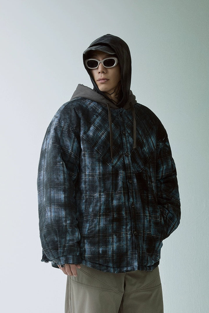 Plaid Layered Hooded Puffer Jacket