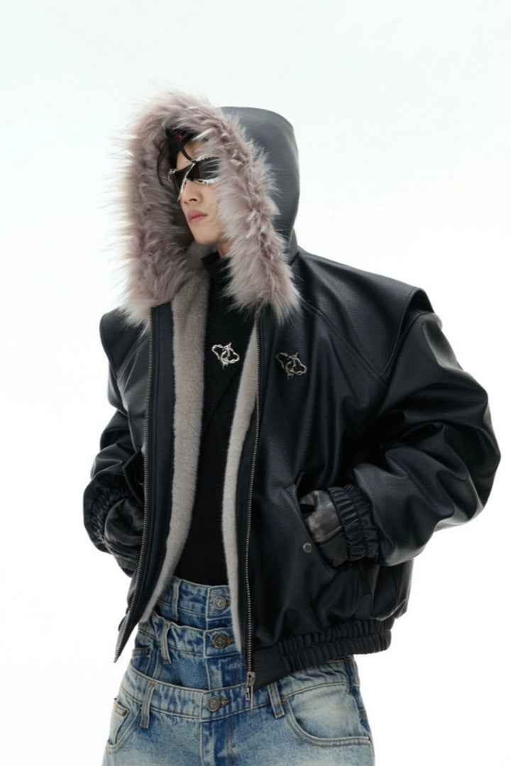 Reversible Faux Fur Hooded PU Jacket