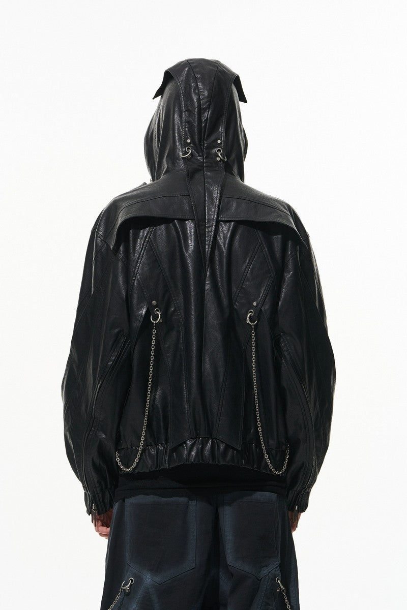 Metal Chain Hooded Leather Jacket