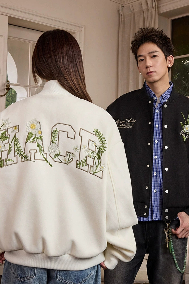 Floral Script Embroidery Varsity Jacket