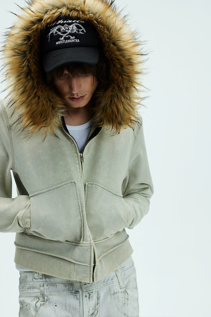 Detachable Fur Collar Washed Zip Hoodie