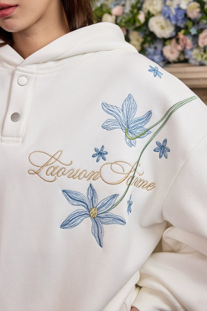 Blue Floral Embroidery Henley Hoodie