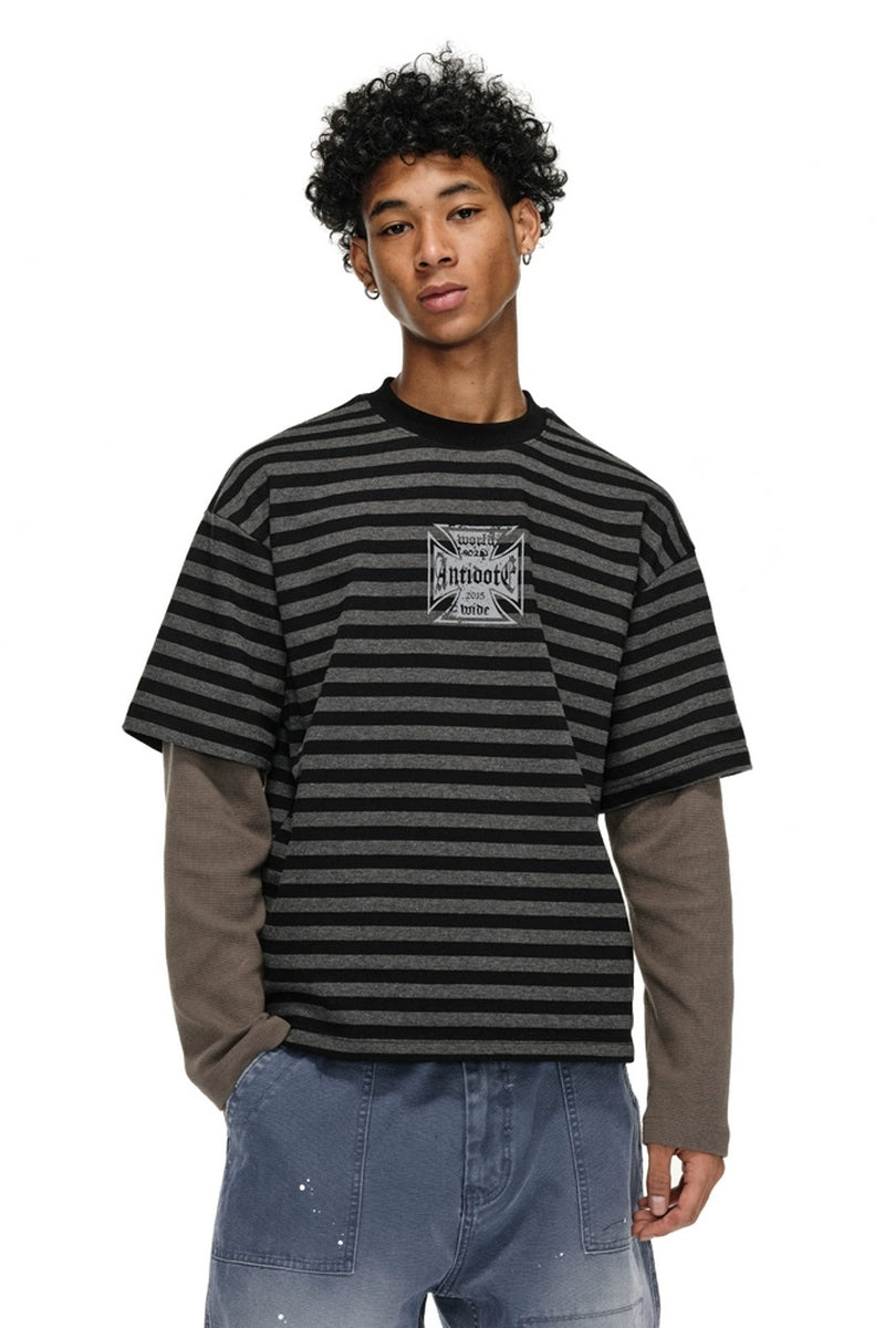 Layered Stripe Patchwork Graphic Long Sleeve Tee