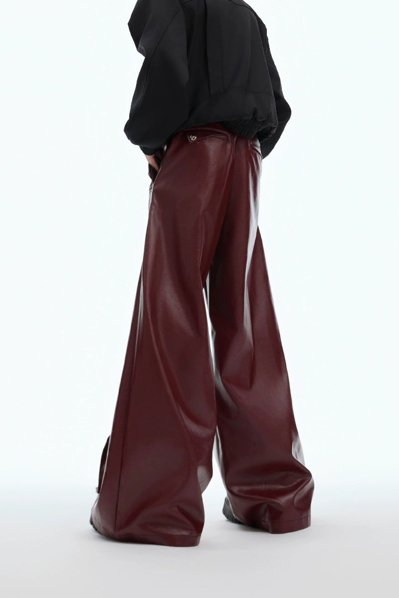 Metal Button Pleated Leather Wide-Leg Pants