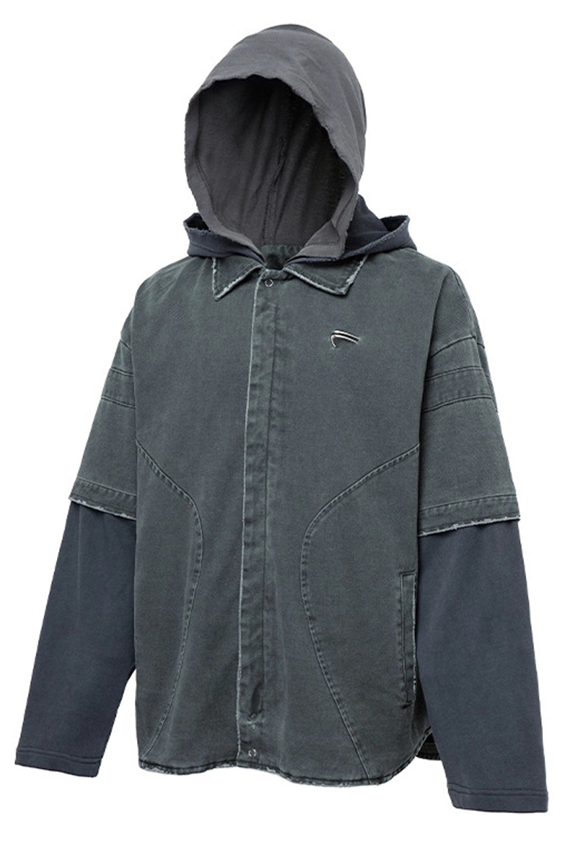 Layered Washed Hooded Shirt Jacket