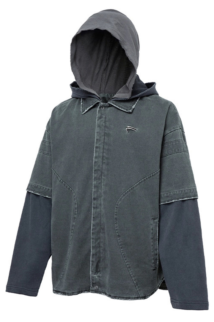 Layered Washed Hooded Shirt Jacket