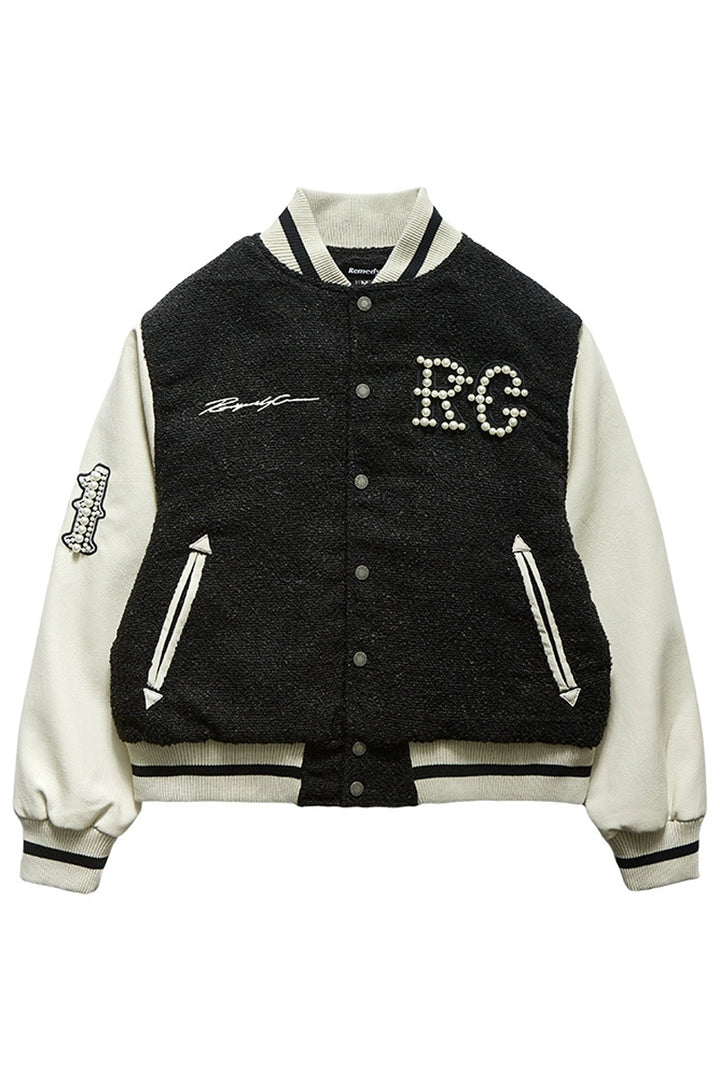 Pearl Detail PU Leather Varsity Jacket