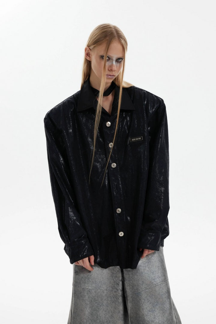 Liquid Texture Shine Layered Shoulder Shirt