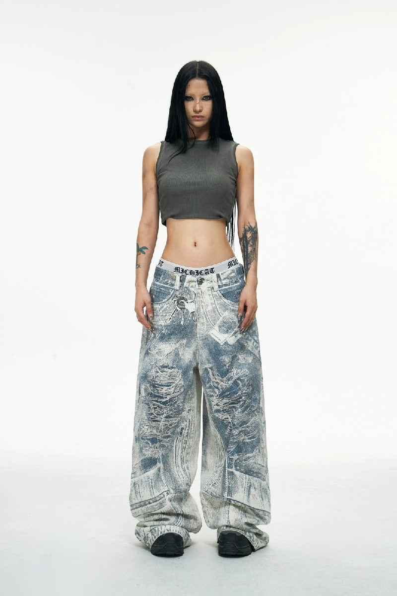 Vintage 3D Print Baggy Jeans