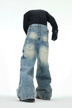 Layered Distressed Washed Blue Jeans