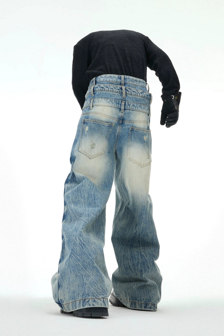 Layered Distressed Washed Blue Jeans