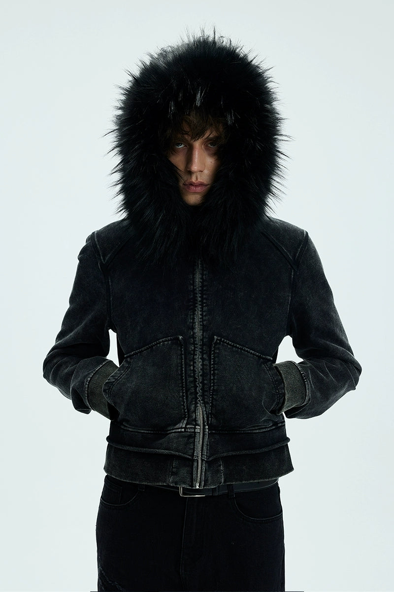 Detachable Fur Collar Washed Zip Hoodie