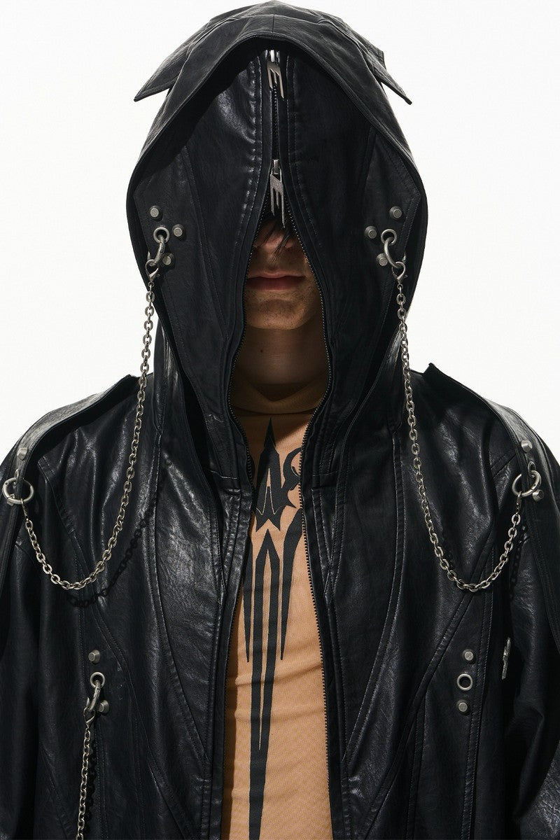 Metal Chain Hooded Leather Jacket