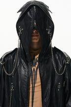 Metal Chain Hooded Leather Jacket