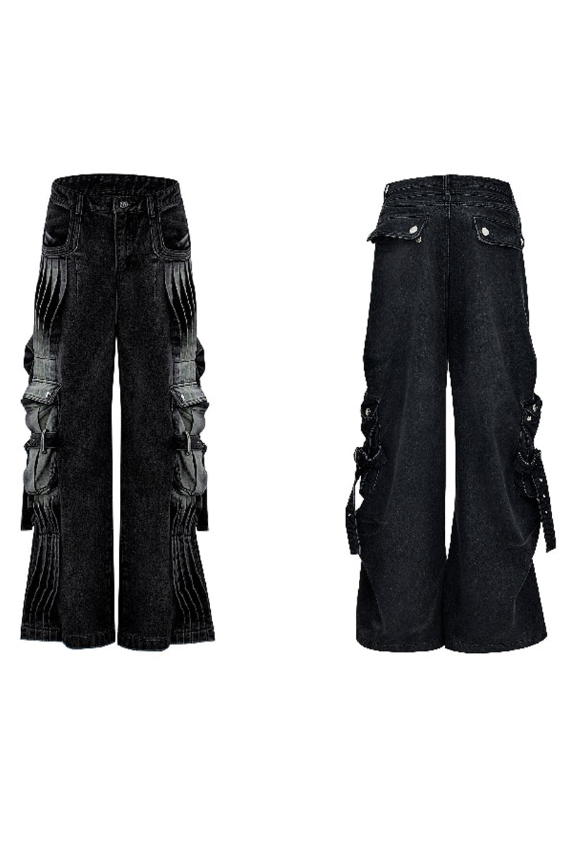 Washed Pleated Multi-Pocket Cargo Jeans