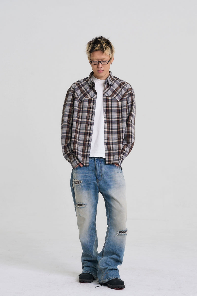 Distressed Patchwork Straight Jeans