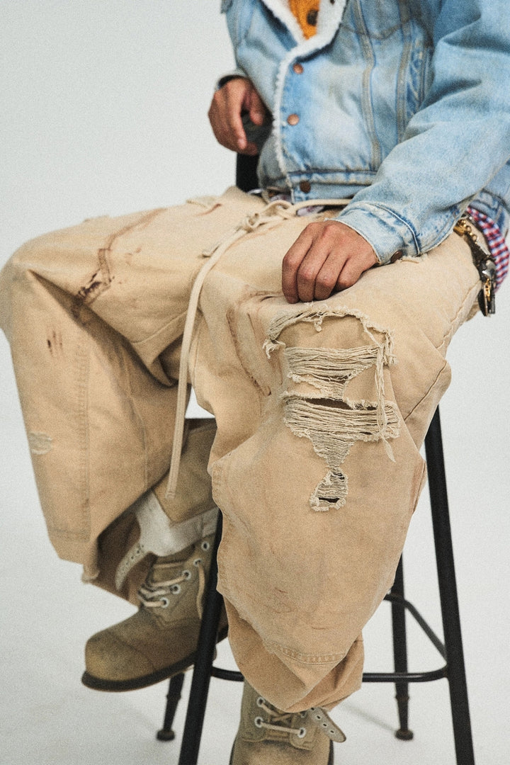 Distressed Washed Straight Leg Work Pants