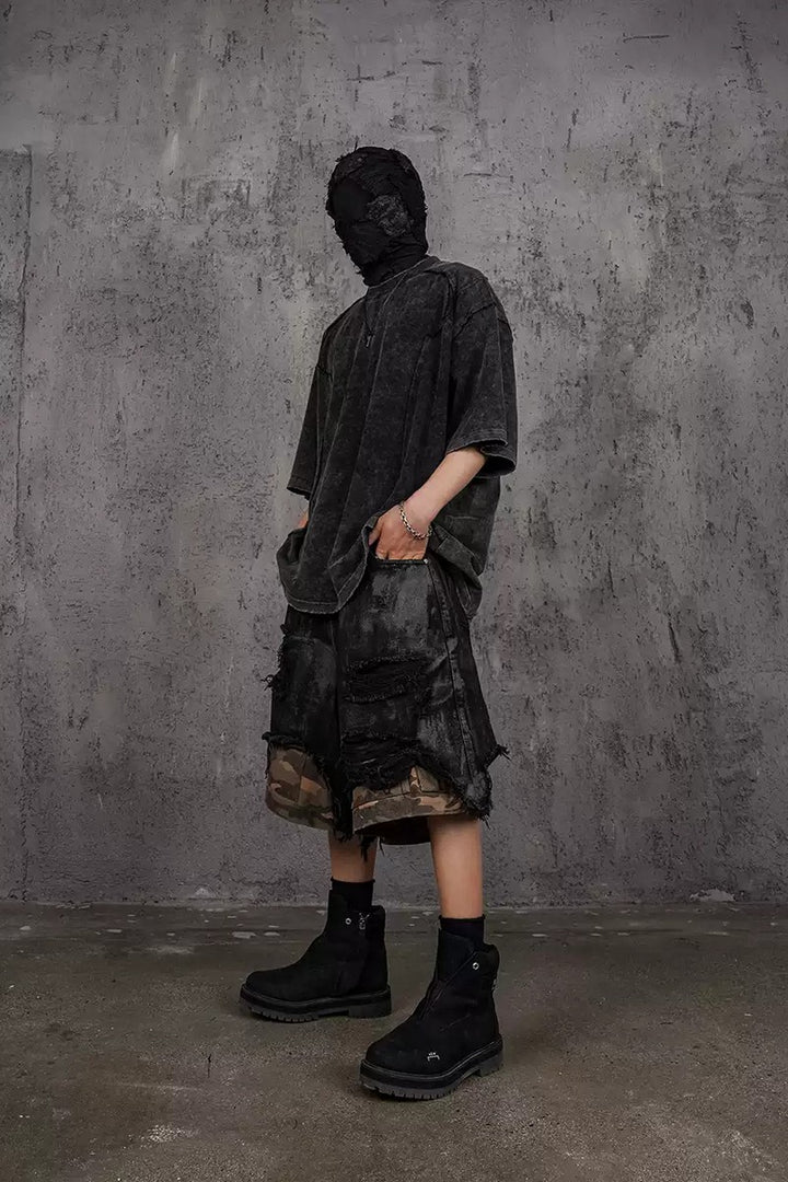 Destroyed Camo Patchwork Cargo Shorts