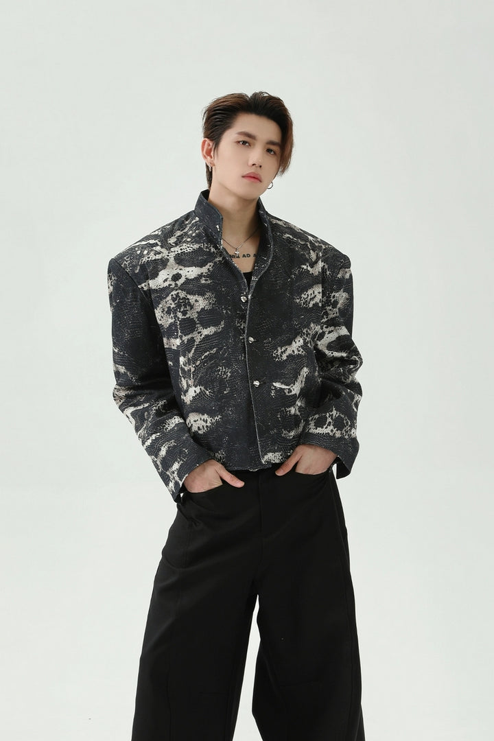 Snake Print Stand Collar Cropped Jacket