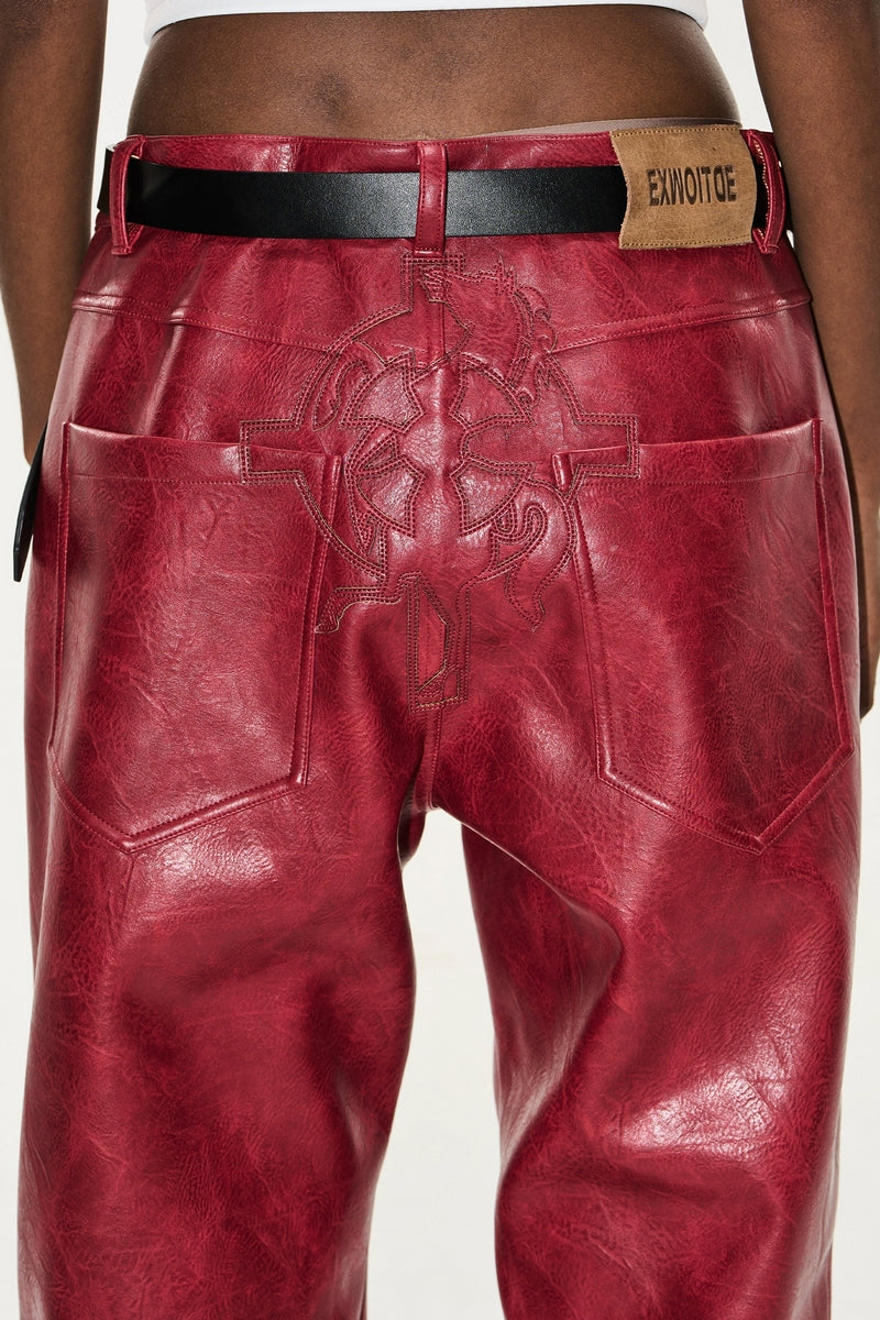 Cross Motif Biker Leather Pants