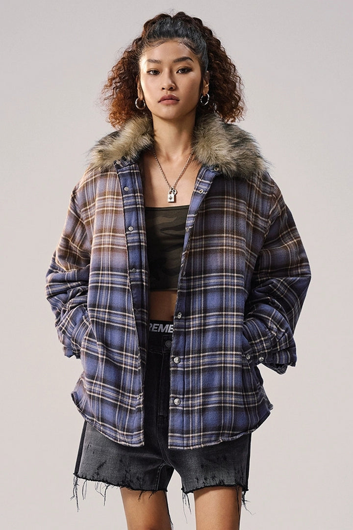 Gradient Plaid Faux Fur Puffer Jacket