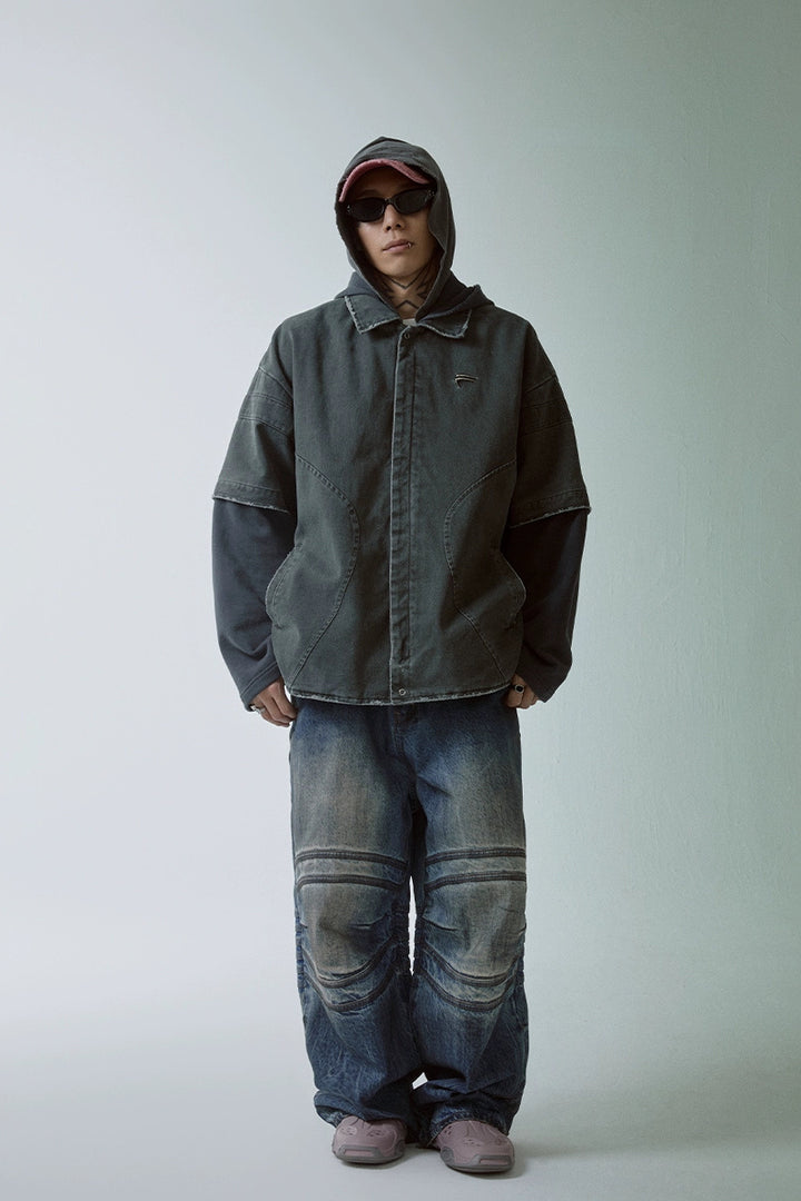 Layered Hooded Washed Shirt Jacket