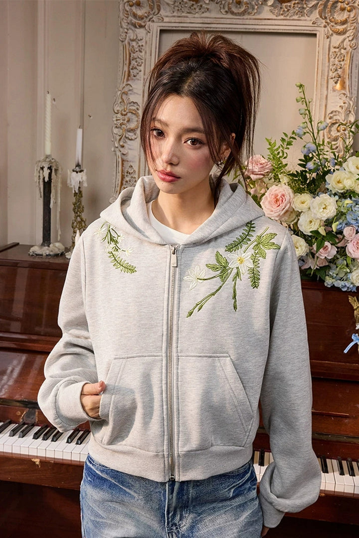 Floral Embroidery Crop Zip Hoodie