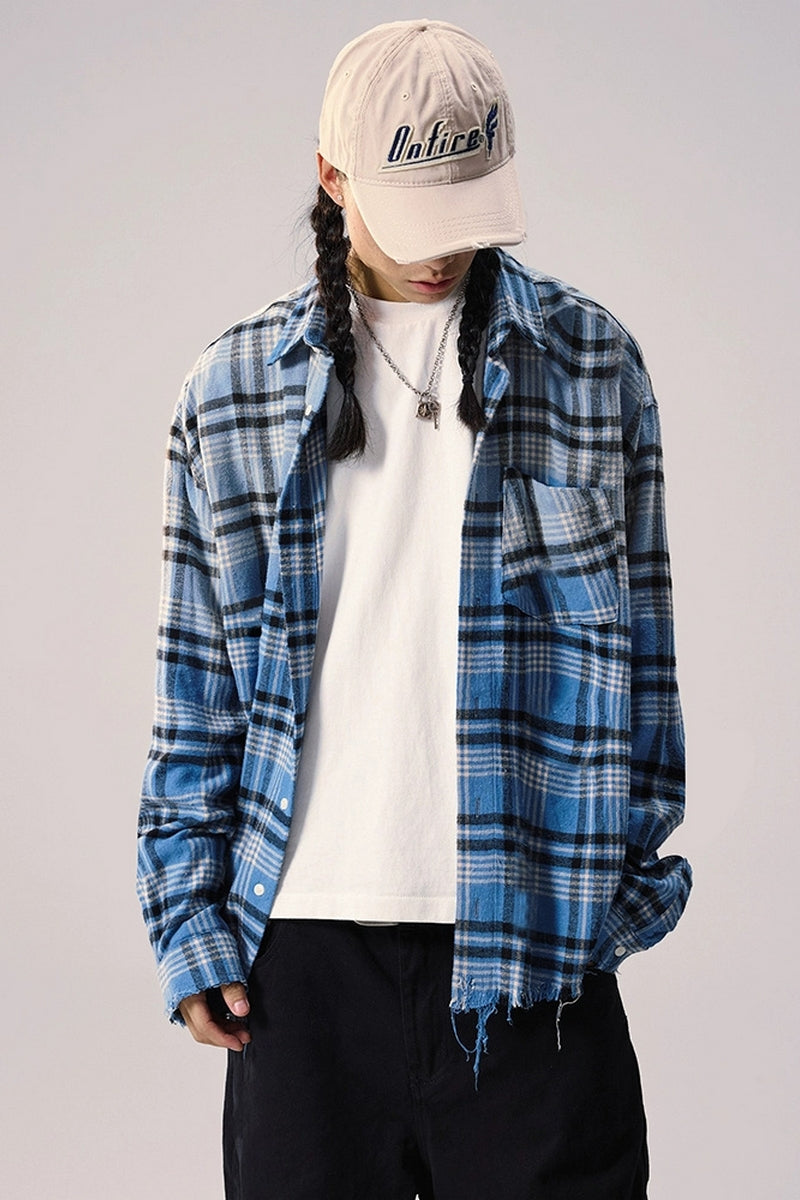 Washed Gradient Fringe Plaid Shirt