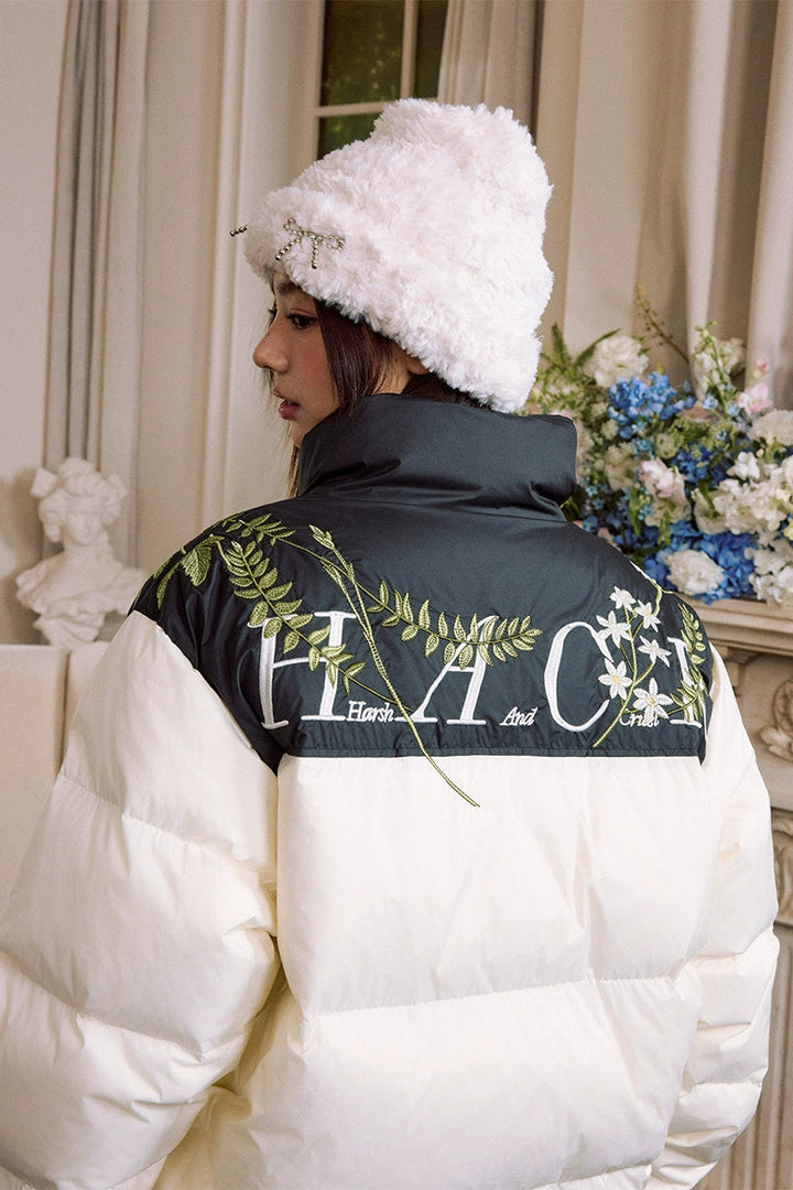 White Floral Wreath Embroidered Puffer