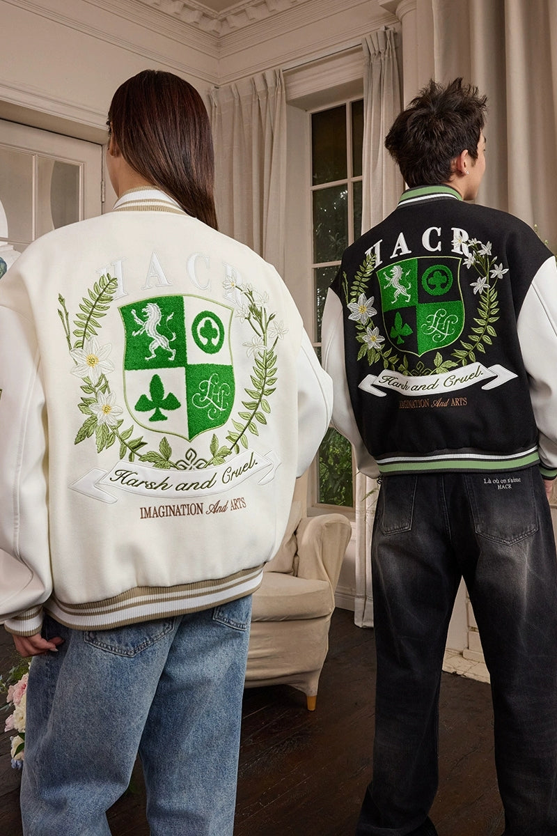 Crest Embroidery Loose Varsity Jacket