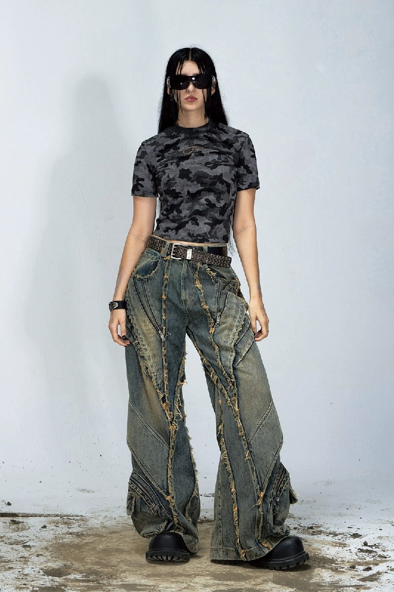 Distressed Patchwork Wide-Leg Jeans