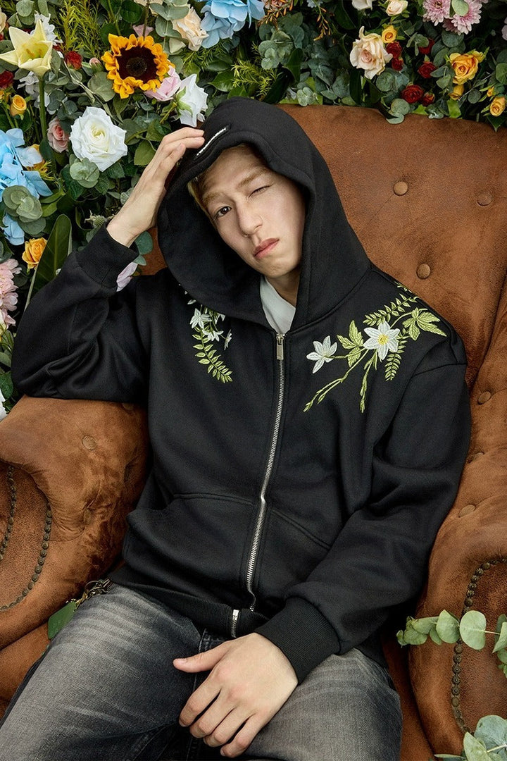 Floral Embroidered Hooded Fleece Jacket