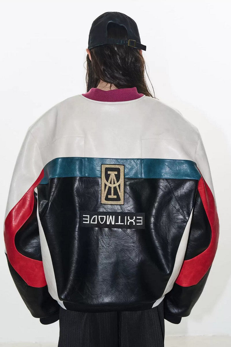 Colorblock Embroidered Biker Jacket