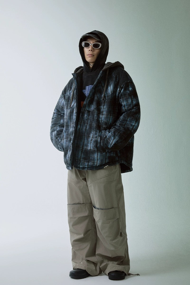 Plaid Layered Hooded Puffer Jacket