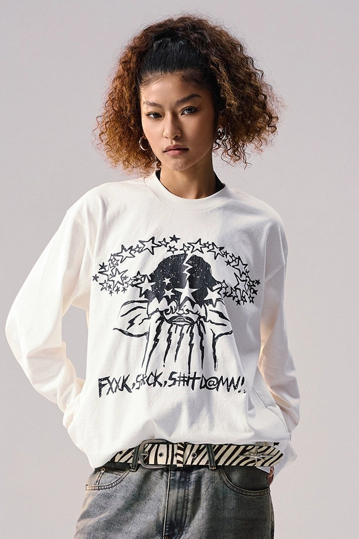 Vintage Print Loose Long Sleeve Tee