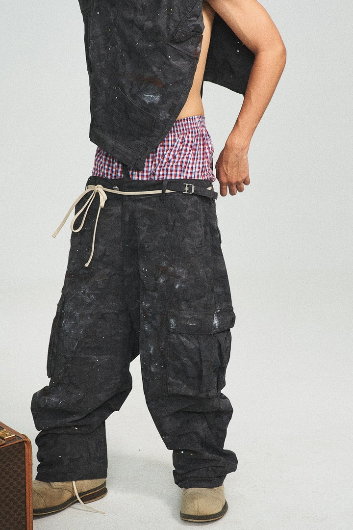 Checkered Distressed Baggy Cargo Pants