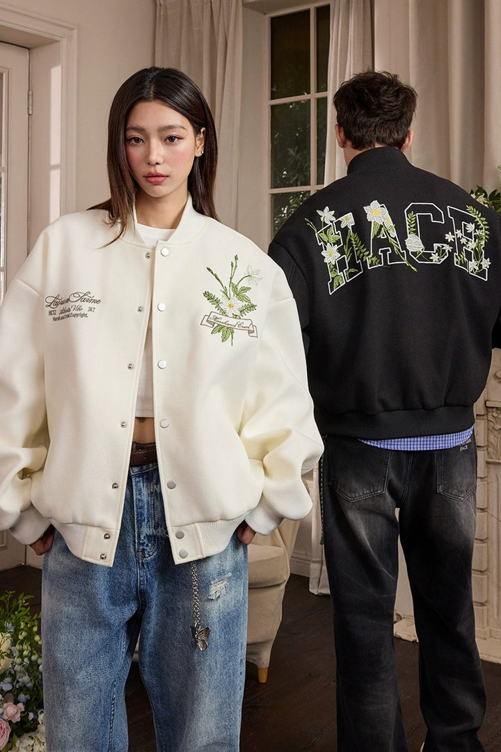 Floral Script Embroidery Varsity Jacket