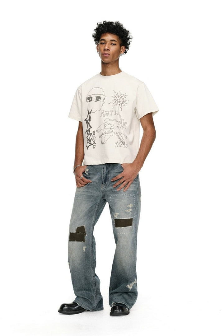 Washed Whisker Patchwork Straight Jeans