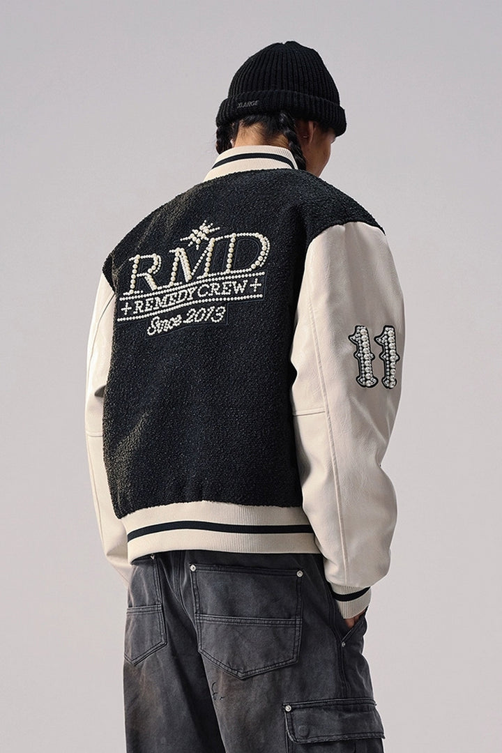 Pearl Detail PU Leather Varsity Jacket