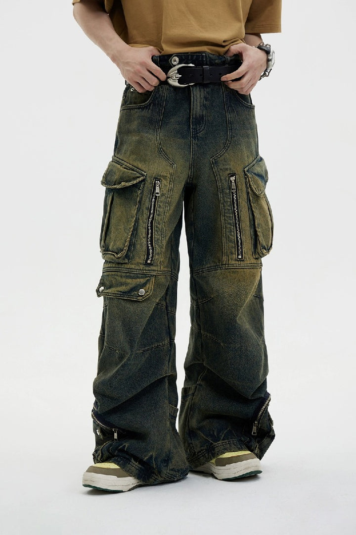 Vintage Washed Multi-Pocket Cargo Jeans