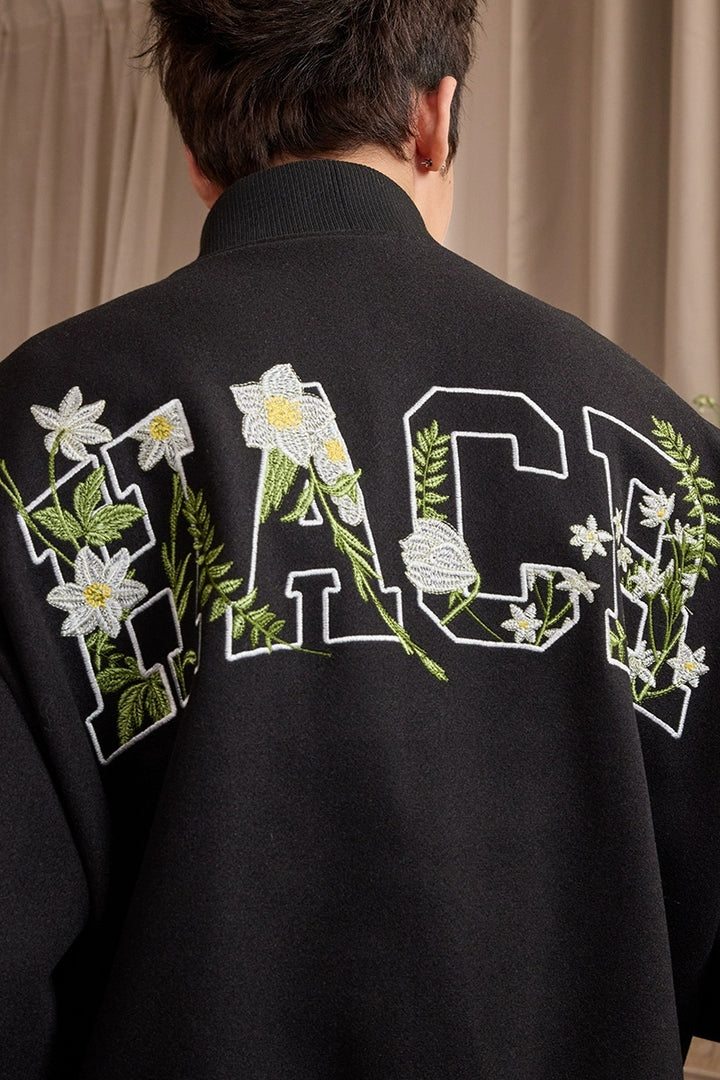 Floral Script Embroidery Varsity Jacket